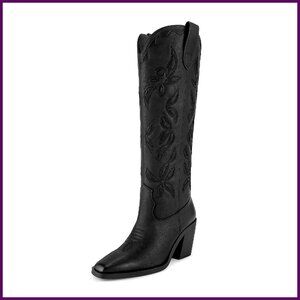 Knee High Cowboy Boots Women's Chunky Heel Pull On Tab Faux Leather